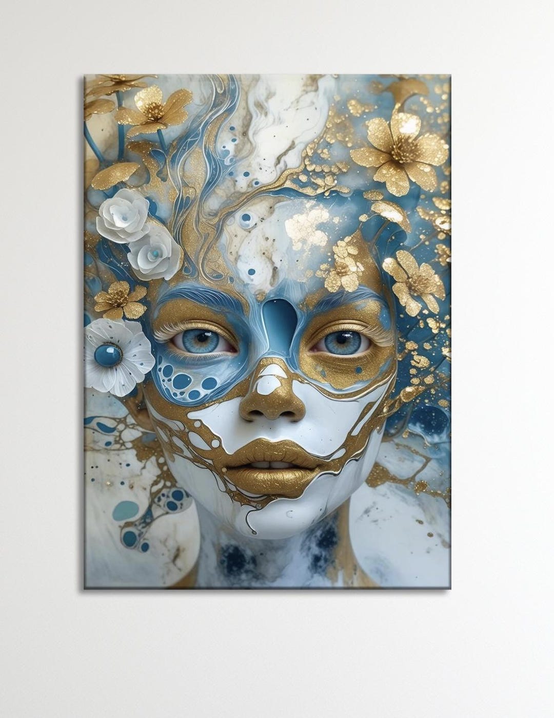 Blue & Gold Floral Woman Face Art – Surreal Portrait Canvas Print - Etsy