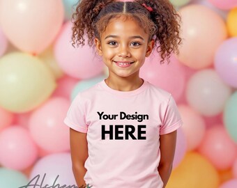 Pink Bella Canvas 3001T Kids T-Shirt Mockup