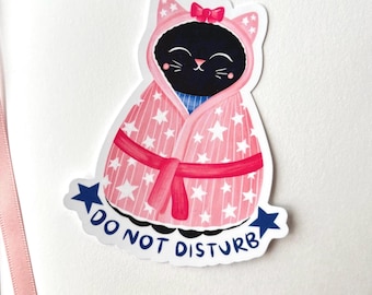 Do Not Disturb Black Cat in Dressing Gown Vinyl Sticker