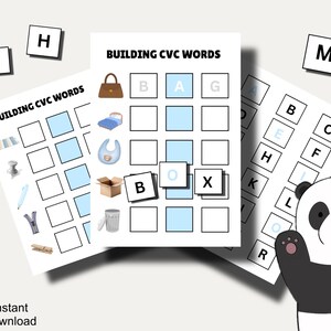 May include: Educational worksheets titled BUILDING CVC WORDS featuring illustrations of a bag, bed, bib, box, and trash can with empty blue squares for letter placement. Includes loose letter tiles S, H, M and a cartoon panda illustration.