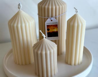 Beige & White Soy Wax Ribbed Pillar Candles: Vanilla Scent, Minimalist Decor, Handmade