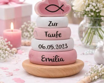 Christening gift, personalized pink baby stacking tower for christening, christening gift for a girl, christening for a girl