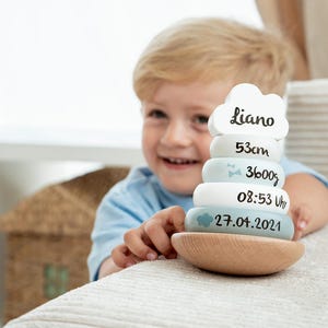 Personalized blue baby stacking tower, baby boy gift, birth gift, personalized baby gifts, christening gift