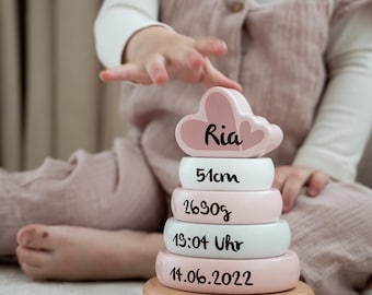 May include: A wooden stacking toy with a cloud-shaped top and pink and white rings. The top is inscribed with the name "Ria". The rings are labeled with measurements and a date. The base is made of natural wood.