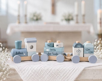 Set di trenino in legno personalizzato per battesimo, blu, regalo di battesimo unico, presente di battesimo, regalo di battesimo per figlioccio