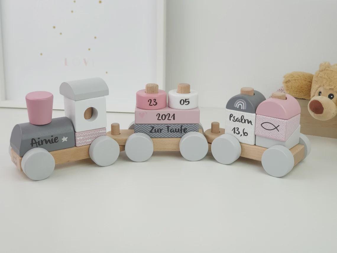 Tren personalizado con nombre, regalo de bautizo, tren de juguete