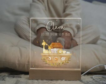 Personalisiertes Nachtlicht zur Geburt, Stilllicht, Nachtlicht mit Namen Arche Noah – Geschenk Geburt LED Schlummerlicht Baby Kinderzimmer