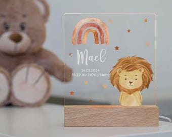 Rainbow Lion Night Light – Baby Night Light with Name – Personalized Birth Gift – LED Night Lamp for Children's Room