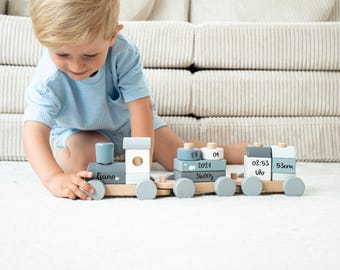 Baby gift for birth, birth gift, personalized blue wooden train set, birthday train, christening gift