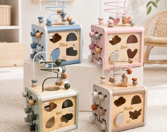 Cubo de actividades de madera personalizado – Regalo de bautizo para niñas y niños – Juguete Montessori – Juguete para bebés – Regalo de bautizo