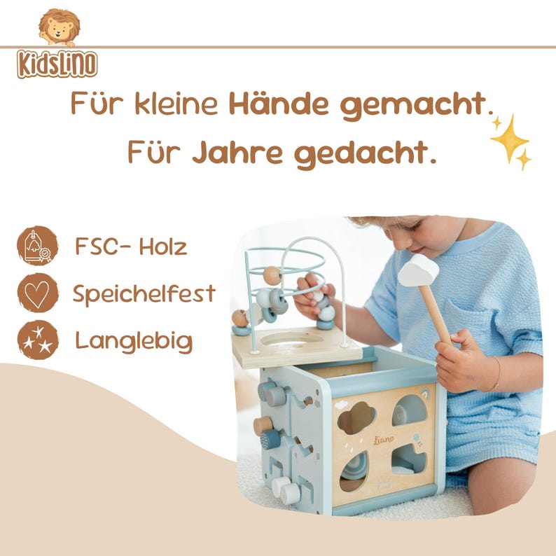 May include: A wooden activity cube in light blue and natural wood. It includes a bead maze, shape sorters, and other interactive features. The text "KidsLino" and "Liane" are visible. Designed for small hands, the cube is a children's toy.