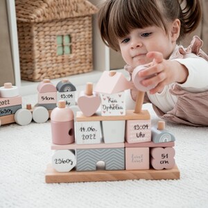 Baby gift for birth, pink stacking house, christening gift for girls, personalized wooden toy