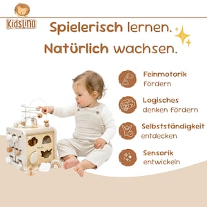 May include: A child interacts with a wooden activity cube, including a bead maze and shape sorter. The cube is in natural wood tones with colorful accents. Text on the image reads "Spielerisch lernen. Nat&uuml;rlich wachsen."