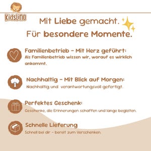 May include: A promotional graphic for KidsLino, featuring text in German. The text includes phrases like "Made with love" and "For special moments." Additional text highlights family-run business, sustainability, perfect gifts, and fast delivery.
