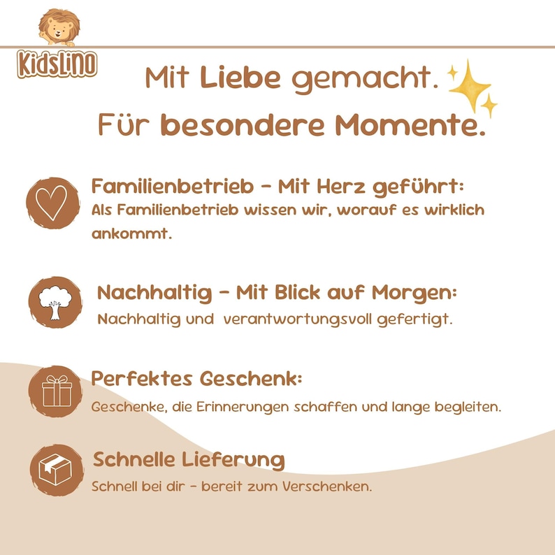 May include: A promotional graphic for KidsLino, featuring text in German. The text includes phrases like "Made with love" and "For special moments." Additional text highlights family-run business, sustainability, perfect gifts, and fast delivery.