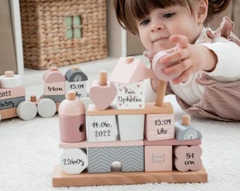 Gift birth, personalized wooden toy house pink, Montessori toy, baby gift birth