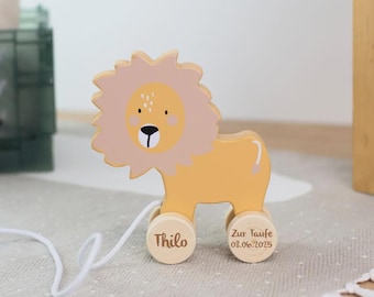 Baptism gift, personalized wooden lion, pull-along toy with engraving, baptism gift, baptism gift for boys and girls