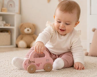Baby gift, pink wooden toy car, baby toy, birth gift, wooden toy for babies