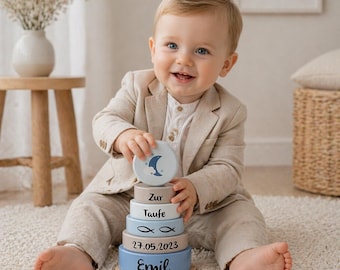 Christening gift, christening gift for a boy, personalized blue baby moon stacking tower for christening, christening gift