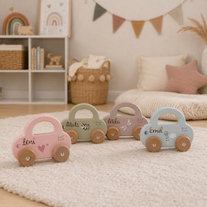 Doopcadeaus voor jongens en meisjes, kraamcadeaus, gepersonaliseerde houten auto's, babycadeaus, geboortecadeaus, houten babyspeelgoed