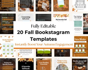 Puede incluir: Una colección de 20 plantillas de Fall Bookstagram totalmente editables. Las plantillas presentan diseños con temática otoñal con superposiciones de texto, incluyendo frases como "My Fall TBR", "Cozy Reading Essentials" y "Perfect for Spooky Season."