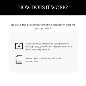May include: White graphic with the text "HOW DOES IT WORK?" and instructions for ordering and downloading a product. The text explains the process of receiving a PDF file after purchase and opening it for instructions.