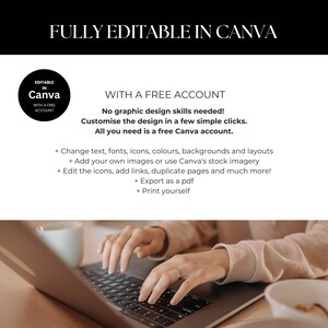 May include: Image features a laptop with the text "FULLY EDITABLE IN CANVA" and "EDITABLE IN CANVA WITH A FREE ACCOUNT." The text highlights the ease of customization with a free Canva account, including changing text, fonts, and colors. A person's hands are visible on the laptop keyboard.