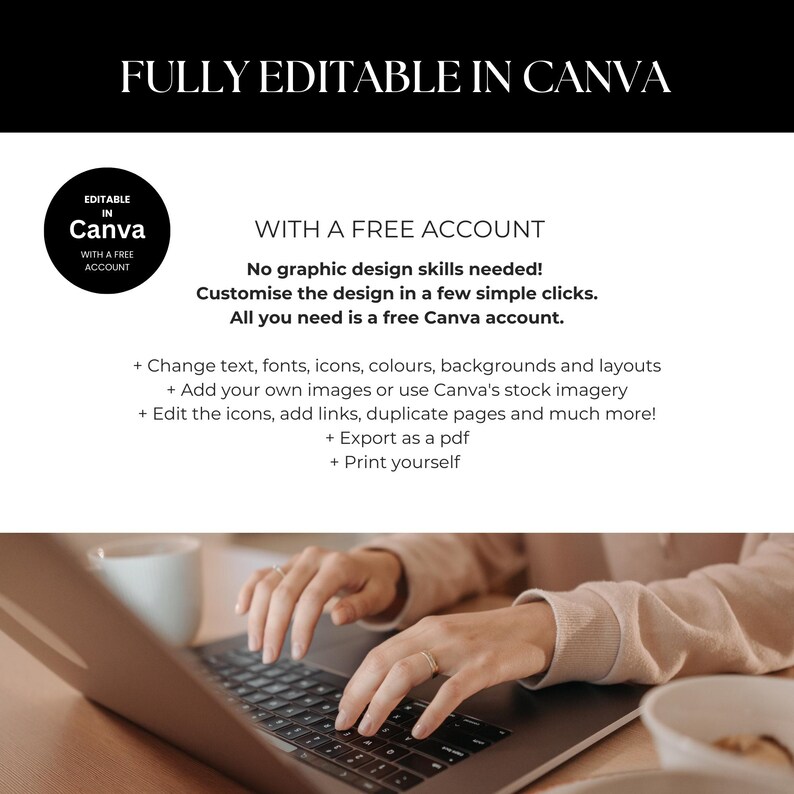 May include: Image features a laptop with the text "FULLY EDITABLE IN CANVA" and "EDITABLE IN CANVA WITH A FREE ACCOUNT." The text highlights the ease of customization with a free Canva account, including changing text, fonts, and colors. A person's hands are visible on the laptop keyboard.