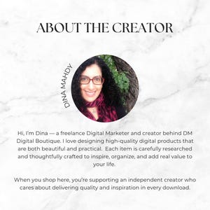 May include: A promotional image with the text "ABOUT THE CREATOR" at the top. A circular photo of a woman wearing glasses and a scarf is in the center. The text below introduces Dina, a digital marketer and creator of DM Digital Boutique.