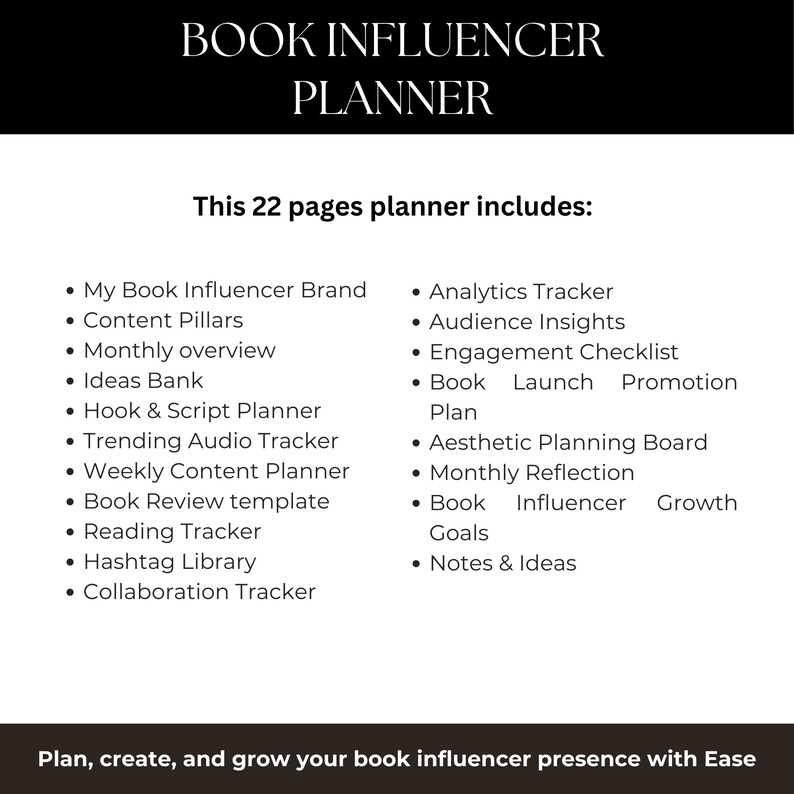May include: A white planner titled "BOOK INFLUENCER PLANNER" with a list of features including content pillars, analytics tracker, and book launch promotion plan. The planner is 22 pages and designed to help users plan, create, and grow their book influencer presence.