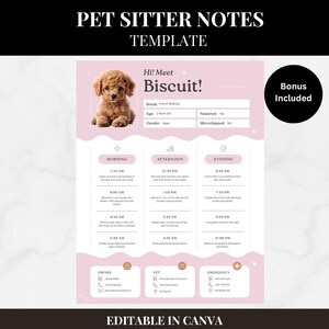 Puede incluir: Plantilla de notas para cuidadores de mascotas en rosa con una foto de un cachorro llamado Biscuit. La plantilla incluye secciones para actividades de la mañana, la tarde y la noche, además de información del propietario, veterinario y contacto de emergencia. Texto "Editable en Canva".