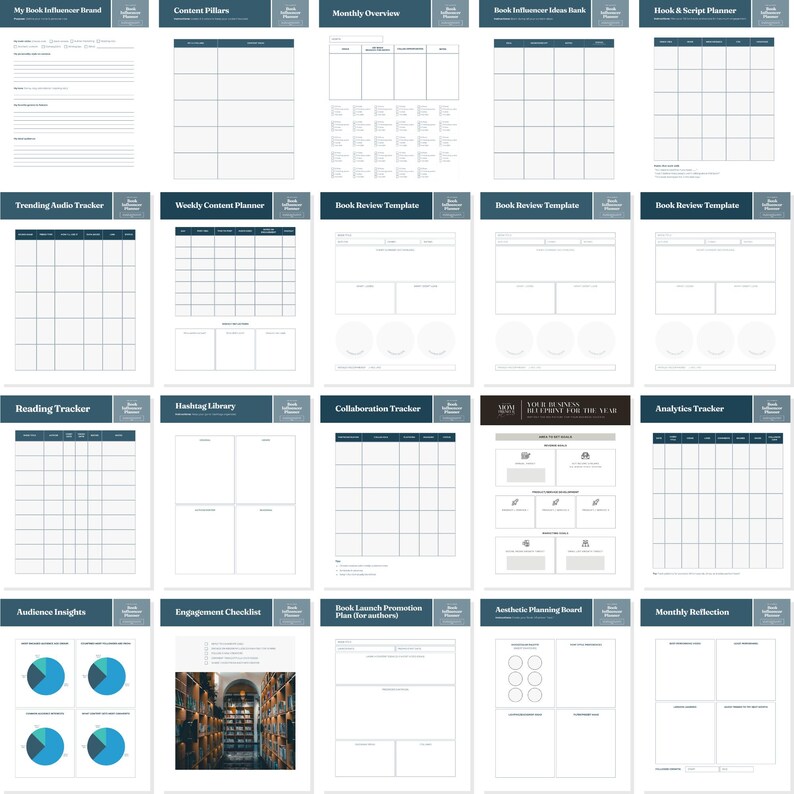 May include: A collection of printable planner pages with various layouts for content planning, book reviews, and analytics tracking. Each page has a dark teal header with white text. The pages are designed for book influencers and authors.