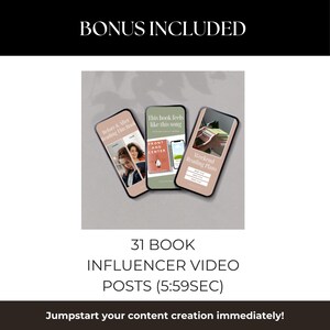 May include: Three smartphones displaying book-related content. The first shows a book cover with the text "Before & After Reading This Book." The second displays "This book feels like this song" and "Front and Center." The third shows "Weekend Reading Plans." Text at the bottom reads "31 Book Influencer Video Posts (5:59sec)."