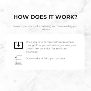 May include: A white graphic with the text "HOW DOES IT WORK?" and instructions for downloading a product after purchase. The steps include accessing a CANVA link on a PDF and downloading and printing the planner.
