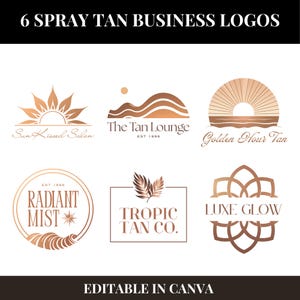 Puede incluir: Seis logotipos de negocios de bronceado en spray en una paleta de colores cobrizos. Los logotipos incluyen diseños de sol, montaña y florales, con textos como "Sun Kissed Salon", "The Tan Lounge" y "Luxe Glow". También está presente el texto "EDITABLE IN CANVA".