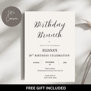 May include: A rectangular birthday brunch invitation card on a light background with black text reading Birthday Brunch, Join us to celebrate Eliana's 18th birthday celebration, Sunday December 15, 2pm, Château Blanc, 112 Eastwood Crescent, New York, NY.