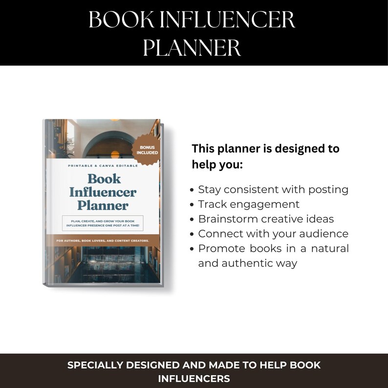 May include: A white and gray Book Influencer Planner with the title in large, bold letters. The planner is designed to help book influencers stay consistent with posting, track engagement, and connect with their audience.