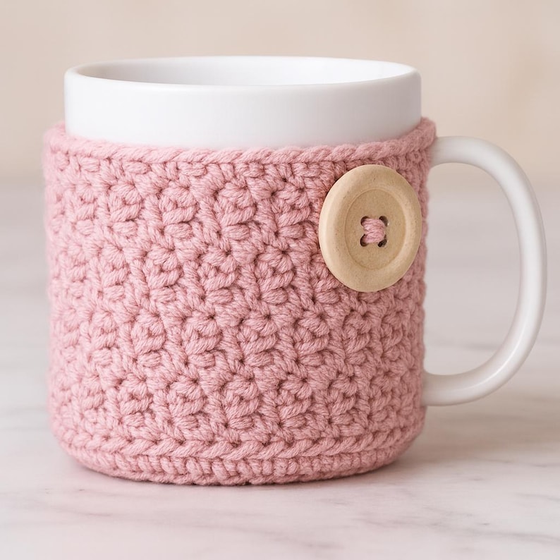 May include: A white ceramic mug with a light pink crocheted cozy. The cozy is secured with a large, round wooden button. The mug has a white handle and is designed to keep beverages warm.