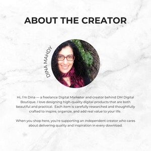 May include: Image featuring the text "ABOUT THE CREATOR" and a circular portrait of a woman wearing glasses and a scarf. The text "DINA MAHDY" is written around the portrait. The image also includes text about the creator's work.