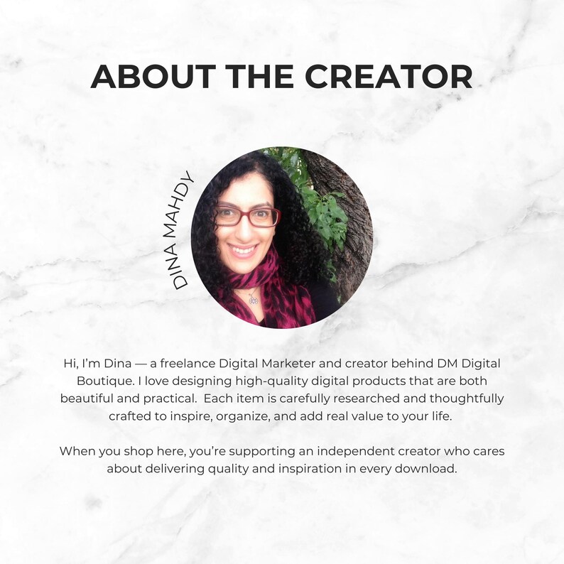 May include: Image featuring the text "ABOUT THE CREATOR" and a circular portrait of a woman wearing glasses and a scarf. The text "DINA MAHDY" is written around the portrait. The image also includes text about the creator's work.