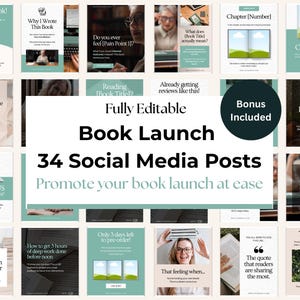 May include: A set of 34 social media templates for book promotion, in a teal and beige colour scheme. Text includes "Book Launch" and "Promote your book launch at ease". The designs feature templates for quotes, cover reveals, and pre-order incentives.