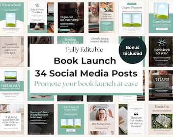 Book Launch Social Media Templates: 34 Canva Editable Posts (Digital Download)