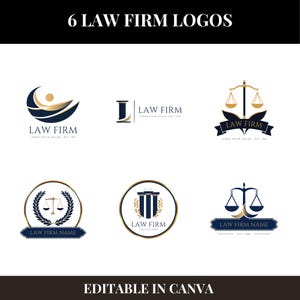 Puede incluir: Se muestran seis logotipos de bufetes de abogados en azul marino y dorado. Los logotipos incluyen balanzas de la justicia, coronas de laurel y otros diseños. El texto "6 LAW FIRM LOGOS" está en la parte superior y "EDITABLE IN CANVA" en la parte inferior.