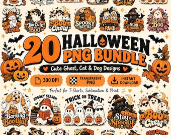 Pacote com 20 imagens PNG de Halloween, incluindo designs fofos de gatos e cachorros fantasmas para camisetas da temporada assustadora, imagens PNG retrô para sublimação de Halloween, download digital.