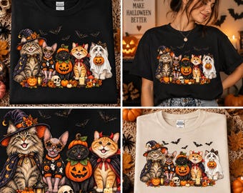 Imagem PNG de gato de Halloween, design de gato bruxo assustador, gatos fofos fantasiados com abóboras, estampa para camiseta de Halloween por sublimação, download digital para amantes de gatos.