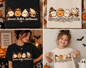 PNG de bolinho de Halloween, design fofo de abóbora fantasma kawaii, PNG de camiseta "Spellbound" recheada e cozida no vapor, sublimação de comida assustadora, download digital