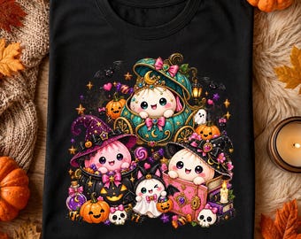 PNG de bolinho fofo de Halloween, clipart de abóbora fantasma bruxa kawaii, design de sublimação assustadoramente fofo, PNG para camiseta de Halloween, download digital