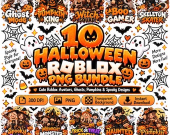 Pacote com 10 imagens PNG de Halloween para Roblox, Sublimação para Roblox, Estampas Assustadoras de Avatares em Blocos para Camisetas, Clipart de Jogos de Halloween, Download Digital