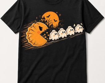 PNG retrô de fliperama para o Halloween, design assustador de perseguição de fantasmas, sublimação de abóbora para o Halloween, estampa vintage para camiseta de Halloween, download digital
