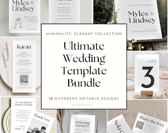 May include: A collection of minimalist wedding templates. The central image reads "Ultimate Wedding Template Bundle" with "19 Different Editable Designs." Various white cards feature names, dates, menus, table numbers, and QR codes. The overall design is elegant and modern.